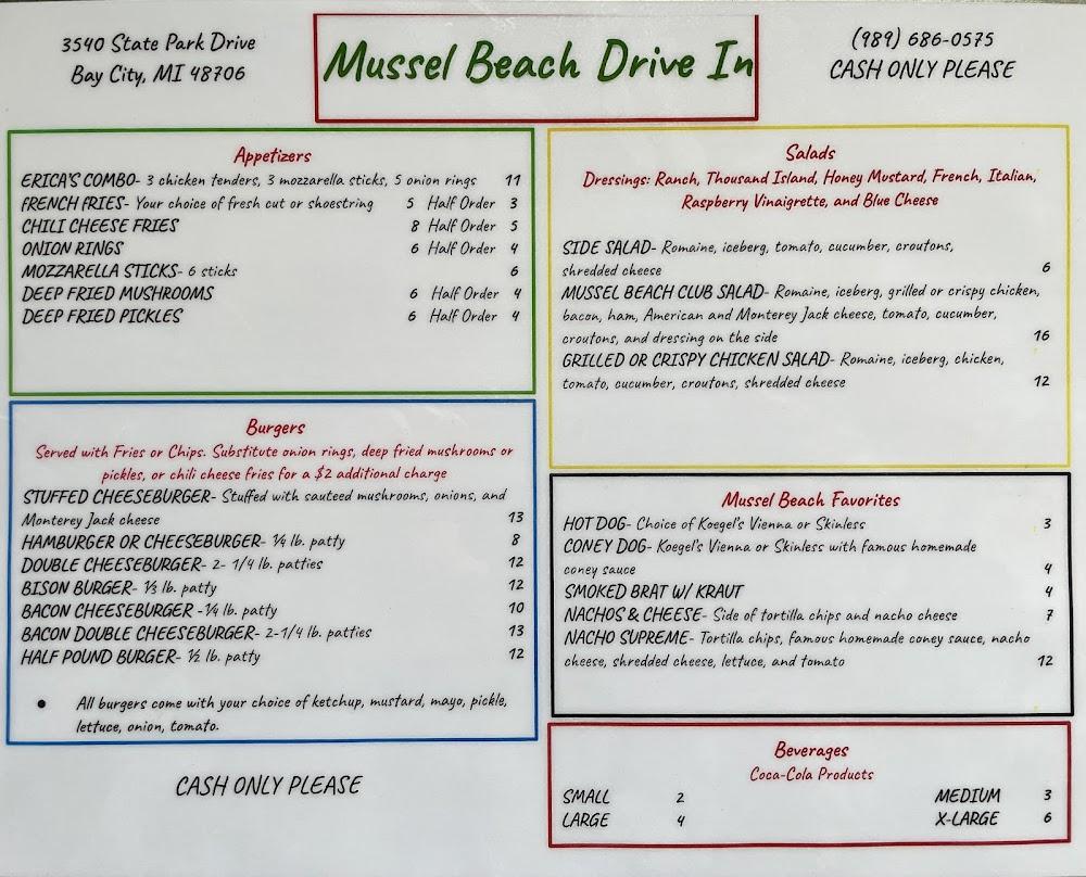 Mussell Beach Drive In Bay city Michigan Menu image 1