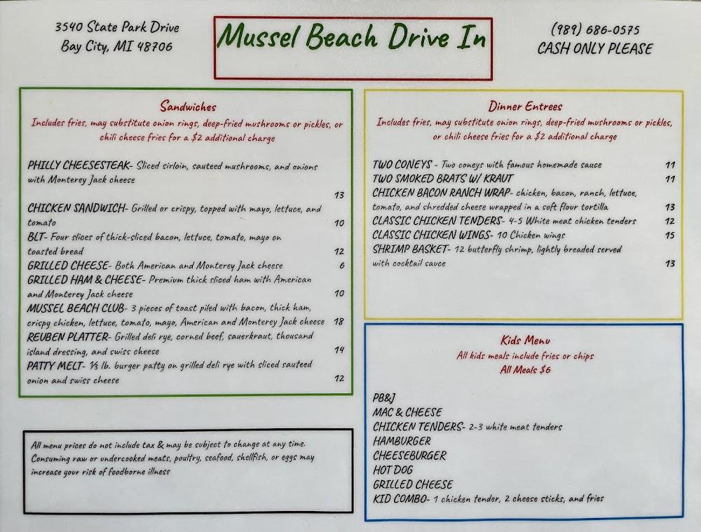 Mussell Beach Drive In Bay city Michigan Menu image 2